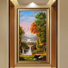手绘油画欧式风景油画玄关装饰画竖版山水画走廊过道装饰挂墙壁画