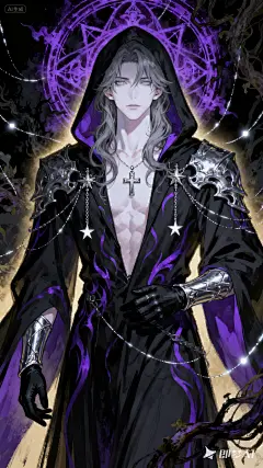 jimeng-2025-09-13-5011-手绘动漫厚涂风格，笔触明正面脸部特写，灰色超长大波浪头发男巫师，中分头发，穿着黑