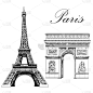 埃菲尔铁塔,凯旋门,建筑,法国,白色,黑色,国际著名景点,图像,矢量