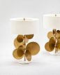 LAMPE PASTILLE — bronze et laiton, marbre statuaire blanc, abat-jour en tissu blanc cassé.