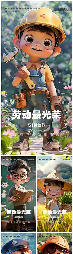 【仙图网】海报 公历节日 劳动节 五一 军人 医生 外卖员 消防员 c4d 卡通 工人 警察 农民|1037126 