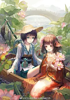 #阴阳师周年庆##花式庆生平安京# 河童总是暗中保护单纯的鲤鱼精，而鲤鱼精给河童的泡泡都是心形的…真的超甜(´///ω///｀)虽然两人并不是什么强大的妖怪，但就是这种单纯美好的感情才是最让人安心和动容的，大概正如花语是忠贞不渝的莲吧。（顺手给大家截了一个情头） ​​​​