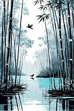 竹枝中国风竹子竹林自然风景插画