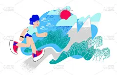 越野跑，马拉松运动员。极限运动。户外长跑运动员。矢量山景观与树木，太阳，云彩，鸟类。