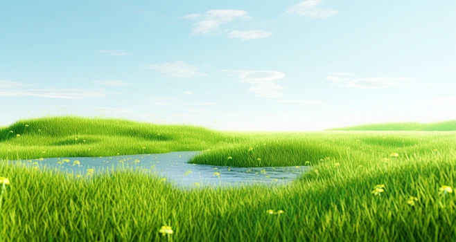 a field with grass and a water body, in the style of octane render ...
