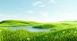 a field with grass and a water body, in the style of octane render, light green, low-angle, photorealistic rendering, whimsical nature, yellow and green, naturalistic rendering