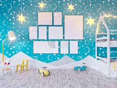 绘画插图,工作室,模板,住宅房间,童年,轻蔑的,墙,正下方视角,三维图形