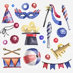 水彩绘派对元素矢量图高清素材 小号鼓 条纹 派对 狂欢节 球 矢量图 节日拉旗 节日礼帽 表演 面具 马戏 魔术 魔术帽 魔术棒 免抠png 设计图片 免费下载 页面网页 平面电商 创意素材