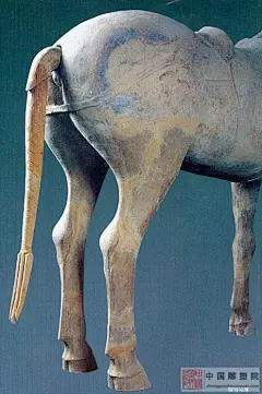 《鞍马马尾》

    “惟其富瞻雄伟，欲为清空而不可得，一旦见之，若厌膏粱而甘藜藿，故不觉有契于心耳。”（周密《浩然斋雅谈》）  
 
    秦俑的写实风，带着装饰意味，较之于商代的抽象更贴近生活的情感以及自然形体的特征。它塑造的方式是通过对客观形体结构的整理、推敲和概括，向有机几何体过渡，继而以线、面、体的构成完成整体之塑造。众多人物的塑造在装饰风手法的统一之下，整体气势更觉恢宏。秦俑在一些局部处理和人物背后的刻划方面极为用心，它展示的是多维空间。即使是跪射式武士的鞋底，其千针万线也表现得细致入微。