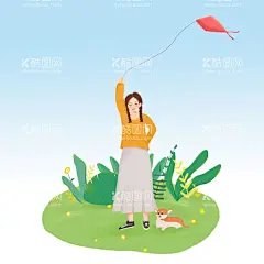  放风筝   - 源文件下载【酷图网】手绘,卡通女孩,春天,放风筝,元素,