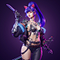 General 3840x3840 JunCheng Wu CGI blue hair ponytail bangs animal ears cyberpunk cyborg weapon dagger science fiction simple background purple background gradient pink eyes