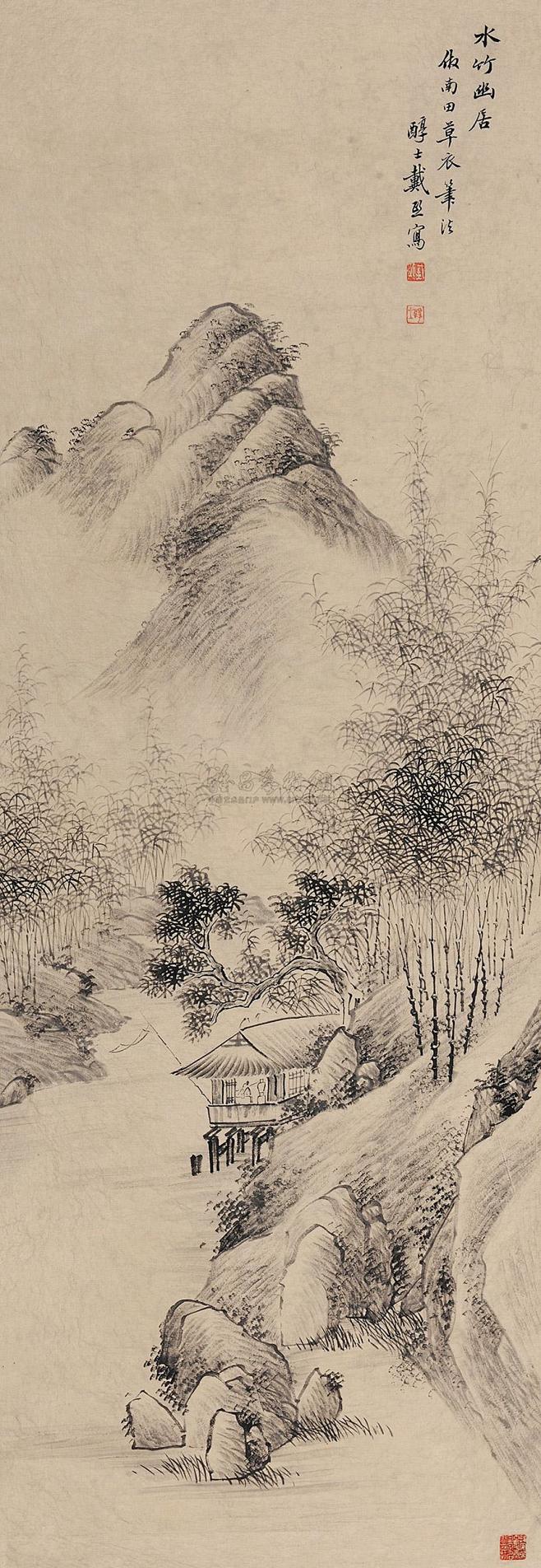 【水竹幽居 立轴 设色纸本】拍卖品_图片_价格_鉴赏_绘画_雅昌艺术品拍卖网-花瓣网
