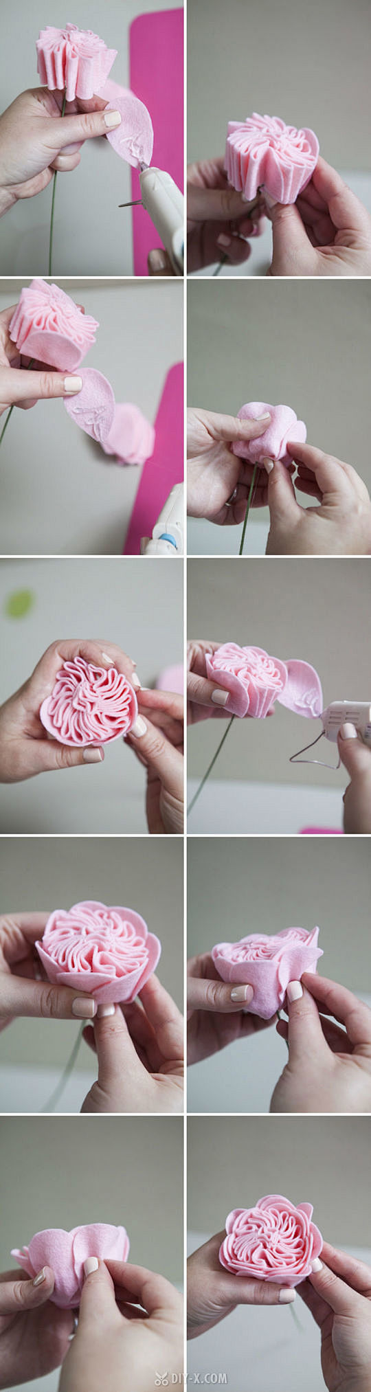 #手工DIY# 羊毛毡卷心白玫瑰插瓶制作...