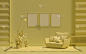 画廊墙面采用三帧，在单色平单的浅黄色房间内配家具和植物，3d渲染