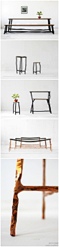 #Design New World#【{自然主义}家具】：德国设计师valentin loellmann根据不同功能和结构设计了2组桌椅，它们都使用中国传统的榫卯结构进行连接。设计师用锯末和胶水的混合剂来填补、打磨连接件的缝隙，形成了极具美感的设计.