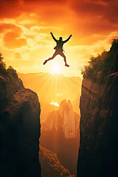 飞跃迎难而上挑战人物剪影摄影图