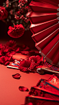 桌子上放着一把红色的折扇，旁边放着几颗红梅，背景比较模糊，好像在举行婚礼。中国的新年海报创造了一个独特的场景。春节气氛，喜庆，特写，高端，静物拍摄--ar 34-v 6 (4)