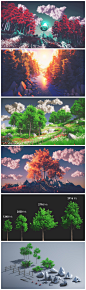 Unity3d场景 卡通Q版梦幻游戏森林植物花草树木石头3D模型贴图 四季变换 四季场景