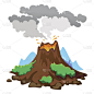 一组不同程度喷发的火山，一个沉睡或苏醒的危险的火山，从岩浆的灰烬和烟雾飞出，熔岩流下山的矢量插图