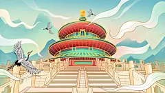 横版国潮中国风背景图电视墙风景插画素材
