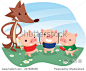 Three little pigs fable with cartoon wolf.