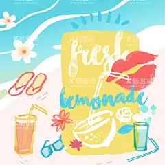 手绘清新夏季海边元素  - 源文件下载【酷图网】手绘卡通,清新夏季,水彩,海边,热带元素,饮料,拖鞋,吸管,沙滩,阳光,眼镜,比基尼,螃蟹,海星,水上,乐园,夏季出游,冰块,手绘插画,夏季元素,夏季插画,抽象插画,