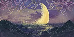 唯美手绘夜景月亮与云风景原创插画海报素材