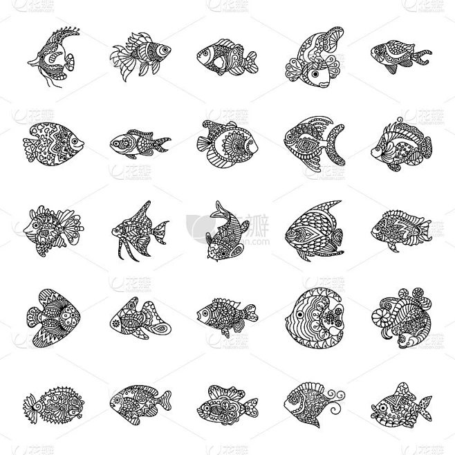 Fish drawing Vectors Pack素材-花瓣网