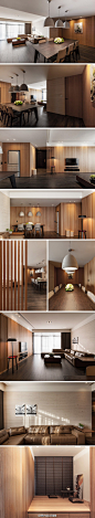日式禅风公寓，简单的整片木饰面覆盖墙壁，传统复古结合简约现代。