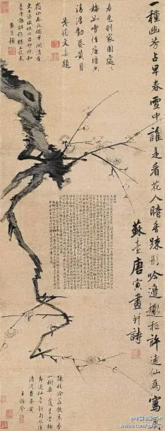 【 明 唐寅《墨梅》 】 此幅以枯笔焦墨画梅花枝干，皴擦纹理，表现梅枝苍劲虬曲的姿态；以浓淡相间的水墨点画花朵，以谨细之笔画出花蕊，笔法刚健清逸，表现出梅花清丽脱俗的风貌，题诗洒脱清秀，相得益彰。