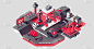 工厂机器与输送带和工程机器人手臂分类红和黑心的3d插图。现代工业自动化输送带制造技术