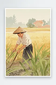 AI春季复古农民插秧春耕农忙种田插画