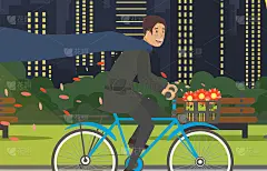 傍晚骑自行车通过现代城市向量。