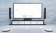 家庭影院砖大理石图案壁纸没有人。客厅迷你家庭影院的屏幕电视和音响设备。大理石地板上的白色沙发床。3 