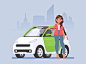 Young woman stands next to a car against the backdrop of the city. in cartoon style Premium Vector
