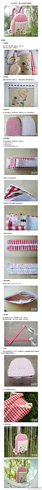 #手工教程#可爱的红格子棉麻绣花书包，做个送给家里的小孩吧~（via:水鸟）