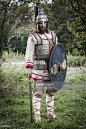 Langobard warrior with Avar lamellar helmet and lamellar armour, reconstruction based on findings in Niederstotzingen (Germany), shield (decorated with motifs from a fibulae found in Cividale del Friuli) and spatha (straight and long sword). Northern Ital