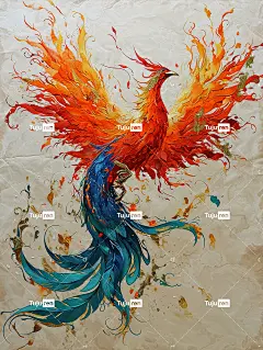 金橙红蓝凤凰，镀金，流动的火焰中国刺绣工艺海报