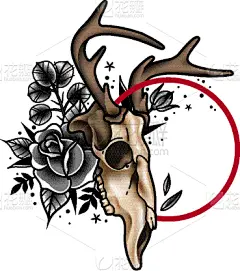 玫瑰,鹿,华丽的,颅骨,动物,鹿角,复古,绘制,花