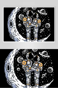 黑色夜色太空星球探险宇航员矢量插画