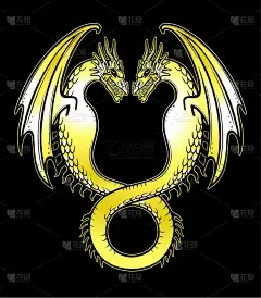 神秘图画：双龙，乌罗斯伯勒，一条两头的蛇。炼金术，魔法，深奥，神秘主义，童话。黄金仿制。在黑色背景上