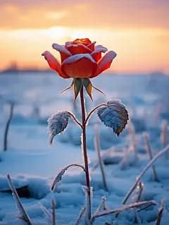 一朵鲜艳的[金红色]玫瑰在冰雪世界里绽放海报