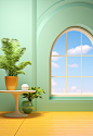 a green room with a round windowsill and table with plant on it, in the style of pastel dreamscapes, bright backgrounds, arched doorways, pseudo-realistic, brightly colored, mirror, light amber and sky-blue