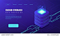 Isometric cloud storage data processing landing page concept. Collection and manipulation, recording, organisation, structuring of data items on blue background. Vector 3d isometric illustration.