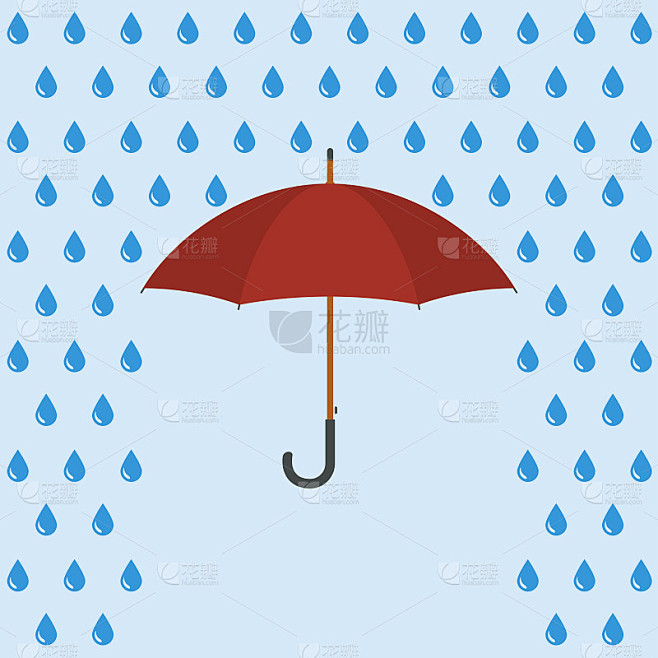 雨伞和带水滴的雨。矢量插图。
