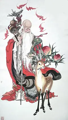【南极仙翁】
元始天尊座下的阐教门人之一，白鹤童子的师父。骑着仙鹤或仙鹿，手拿的拐杖上系着一个长生桃。以居南极，故名。常有鹿、鹤二童为其役使；鹿、鹤、灵芝，俱寿之征也。