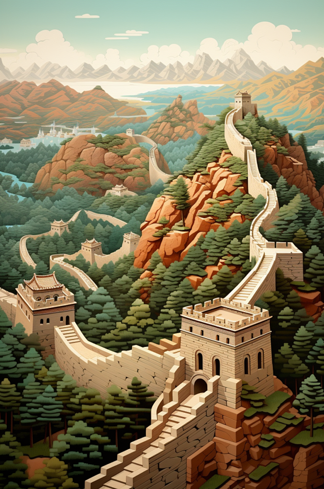 AI数字长城地标剪纸风插画-众图网