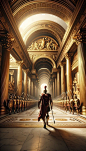 a man dressed in roman armor walking through a hall with columns and statues on either side