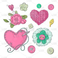 一套针织衣服有针织针。手绘。矢量图