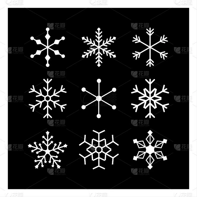 一套白色的雪冰图标。收集雪花形状不同的风格在黑色的背景。象征着冬天，寒冷，季节，温度，天气。水晶图标素材-花瓣网